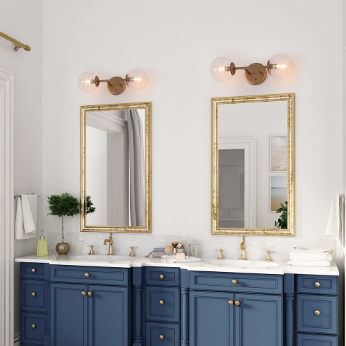 Modern Globe Bathroom Wall Sconce Light, 18-in 2-Light Brass Gold and Seeded Globe Glass LED Modern/Contemporary Vanity Light