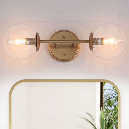 Modern Globe Bathroom Wall Sconce Light, 18-in 2-Light Brass Gold and Seeded Globe Glass LED Modern/Contemporary Vanity Light