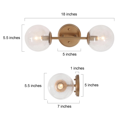 Modern Globe Bathroom Wall Sconce Light, 18-in 2-Light Brass Gold and Seeded Globe Glass LED Modern/Contemporary Vanity Light