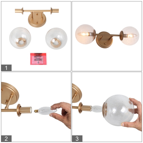 Modern Globe Bathroom Wall Sconce Light, 18-in 2-Light Brass Gold and Seeded Globe Glass LED Modern/Contemporary Vanity Light