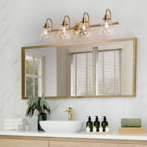 Modern Gold Bathroom Vanity Light, 32-in 4-Light Brass Gold and Clear Bell Glass Shape LED Modern/Contemporary Vanity Light