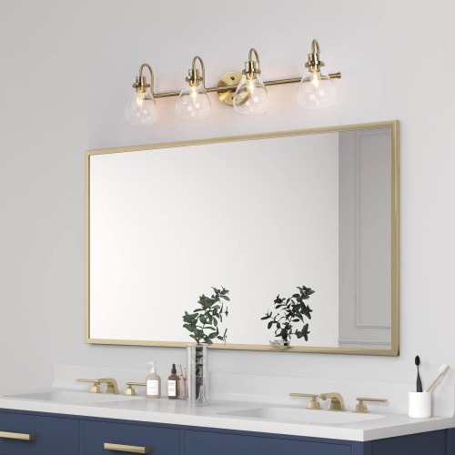 Modern Gold Bathroom Vanity Light, 32-in 4-Light Brass Gold and Clear Bell Glass Shape LED Modern/Contemporary Vanity Light