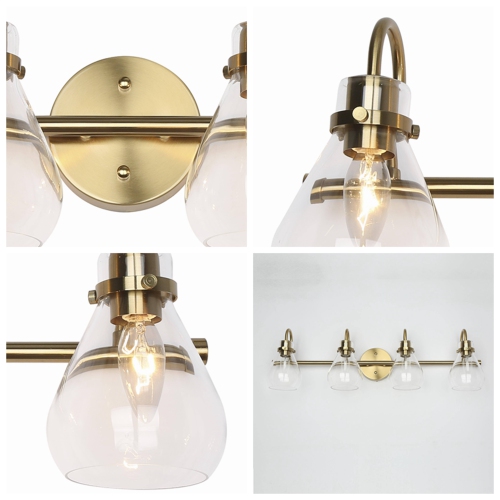 Modern Gold Bathroom Vanity Light, 32-in 4-Light Brass Gold and Clear Bell Glass Shape LED Modern/Contemporary Vanity Light