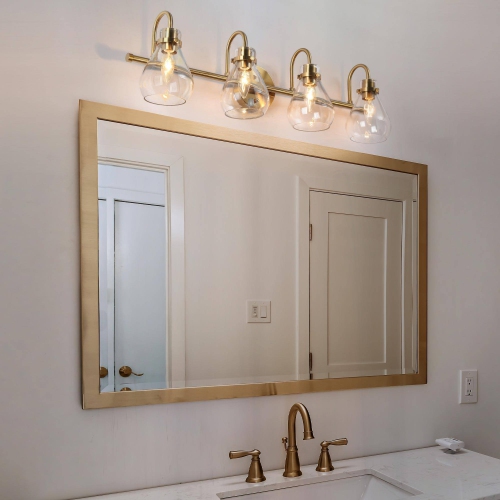 Modern Gold Bathroom Vanity Light, 32-in 4-Light Brass Gold and Clear Bell Glass Shape LED Modern/Contemporary Vanity Light
