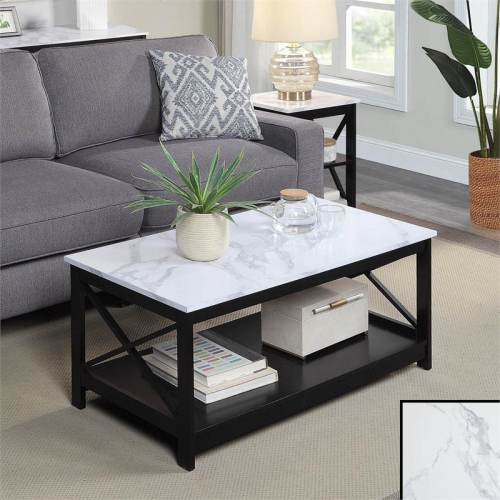 Oxford Coffee Table with Shelf in White Faux Marble and Black Wood Finish