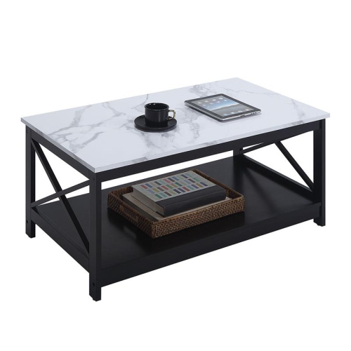 Oxford Coffee Table with Shelf in White Faux Marble and Black Wood Finish