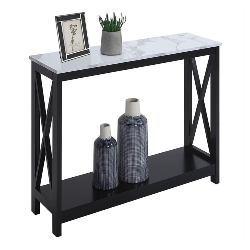 Oxford Console Table with Shelf in White Faux Marble and Black Wood Top