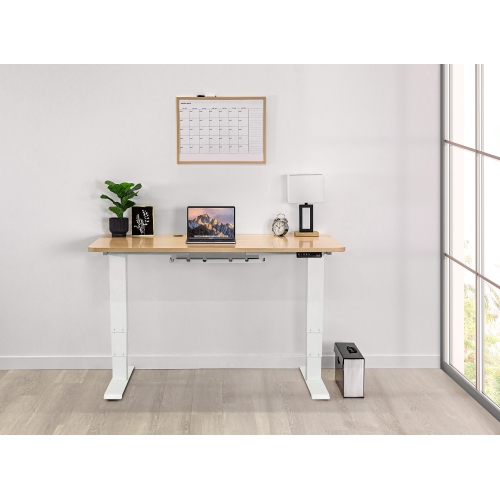 Bureau d’ordinateur à hauteur ajustable avec plateau d’organisation des câbles en chêne sur cadre blanc EFFYYDEK