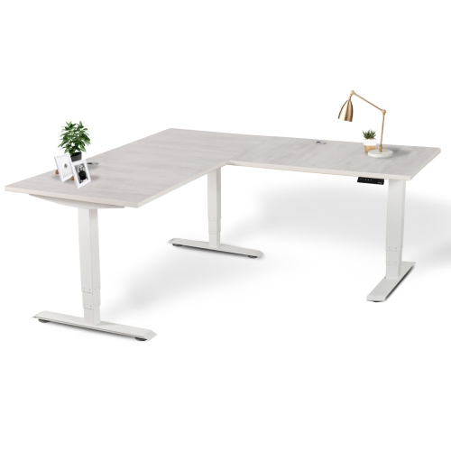 EFFYDESK  " Executive L-Shaped Height Adjustable Home Office Computer Standing Desk With Cable Management Tray (71""×71"") Oak On Frame" In White