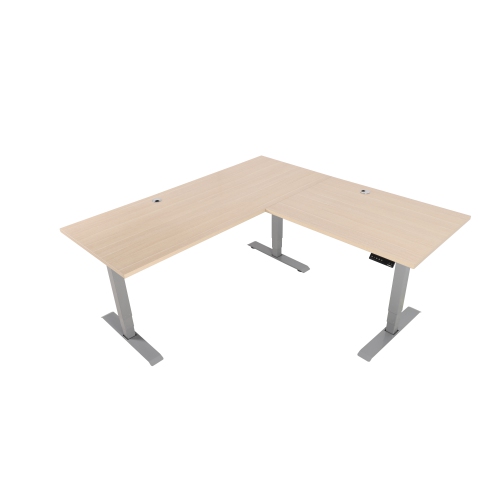 EFFYDESK Executive L-Shaped Height Adjustable Home Office Computer Standing Desk with Cable Management Tray Oak Wood on Grey Frame