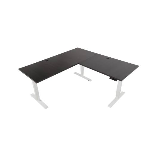 EFFYDESK Executive L-Shaped Height Adjustable Home Office Computer Standing Desk with Cable Management Tray Oak Black on White Frame