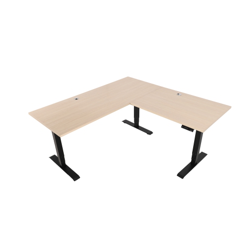 EFFYDESK Executive L-Shaped Height Adjustable Home Office Computer Standing Desk with Cable Management Tray Oak Wood on Black Frame