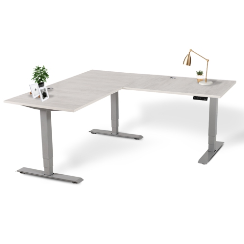 EFFYDESK Executive L-Shaped Height Adjustable Home Office Computer Standing Desk with Cable Management Tray Oak White on Grey Frame