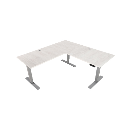 EFFYDESK Executive L-Shaped Height Adjustable Home Office Computer Standing Desk with Cable Management Tray Oak White on Grey Frame