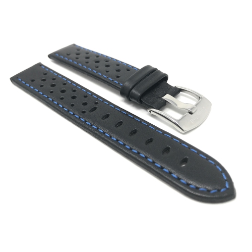 Bandini Mens Perforated Leather Rally Strap Smart Watch Band Strap For Amazfit GTR 47mm, GTR2, GTR 2e and Stratos - 22mm, Black / Blue / Silver Buckle