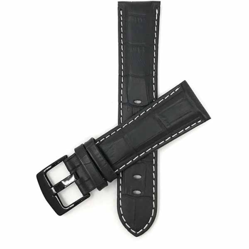 Bandini Bracelet de montre intelligente en cuir pour hommes, motif alligator avec couture pour Skagen Falster 2 and 3, Jorn - 22mm, Noir / Boucle Noir