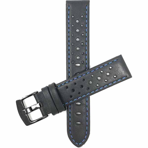 Bandini Mens Perforated Leather Rally Strap Smart Watch Band Strap For Fossil Gen 6, Hybird HR Scarlette, Chartier - 18mm, Black / Blue / Black Buckle