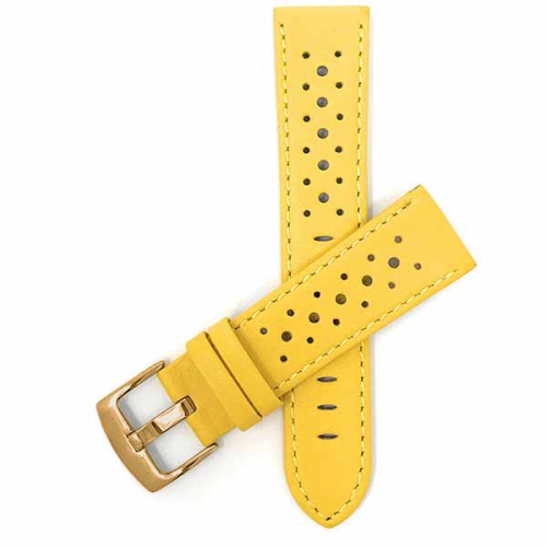 Bandini Mens Perforated Leather Rally Strap Smart Watch Band Strap For Michael Kors MKGO - 20mm, Yellow / Gold Buckle