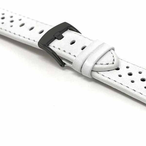 Bandini Bracelet de montre intelligente en cuir perforé pour hommes, style rallye pour Skagen Falster 2 and 3, Jorn - 22mm, Blanc / Boucle Noir