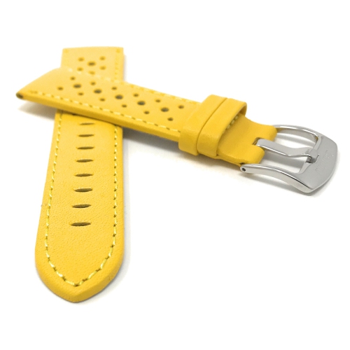 Bandini Mens Perforated Leather Rally Strap Smart Watch Band Strap For Amazfit Bip, U, S, Lite, GTR 42mm, GTS - 20mm, Yellow / Silver Buckle
