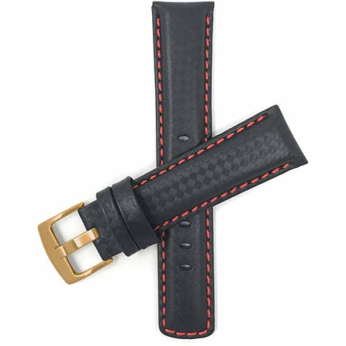 Bandini Mens Leather Carbon Fiber Pattern Smart Watch Band Strap For Fossil Gen 6, Gen 5 Julianna, Carlyle - 22mm, Black / Red / Gold Buckle