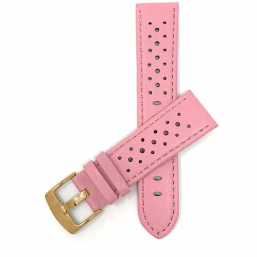 Bandini Mens Perforated Leather Rally Strap Smart Watch Band Strap For Fossil Gen 6, Hybird HR Scarlette, Chartier - 18mm, Pink / Gold Buckle
