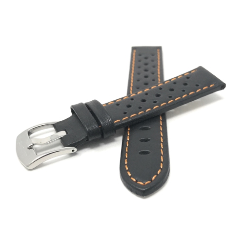 Bandini Bracelet de montre intelligente en cuir perforé pour hommes, style rallye pour Oneplus Watch - 22mm, Noir / Orange / Boucle Argentée