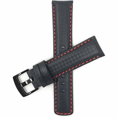 Bandini Mens Leather Carbon Fiber Pattern Smart Watch Band Strap For Amazfit GTR 47mm, GTR2, GTR 2e and Stratos - 22mm, Black / Red / Black Buckle
