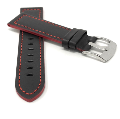 Bandini Bracelet de montre intelligente deux tons en cuir épais pour hommes pour Mobvoi Ticwatch E, E3, C2 - 20mm, Noir / Rouge / Boucle Argentée