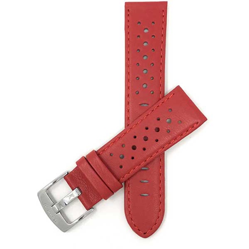 Bandini Mens Perforated Leather Rally Strap Smart Watch Band Strap For Mobvoi Ticwatch E, E3, C2 - 20mm, Red / Silver Buckle