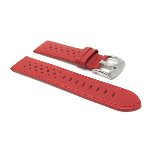 Bandini Mens Perforated Leather Rally Strap Smart Watch Band Strap For Mobvoi Ticwatch E, E3, C2 - 20mm, Red / Silver Buckle