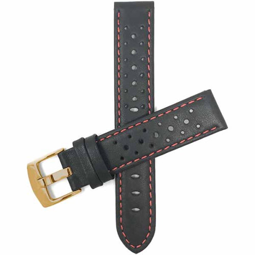 Bandini Mens Perforated Leather Rally Strap Smart Watch Band Strap For Garmin Forerunner, Vivoactive 4 - 22mm, Black / Red / Gold Buckle
