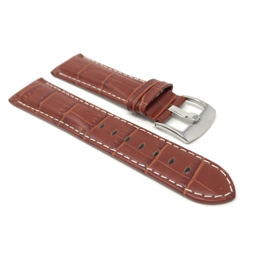 Bandini Mens Leather Alligator Pattern, Stitch Smart Watch Band Strap For Garmin Forerunner, Vivoactive 4 - 22mm, Dark Tan / Silver Buckle