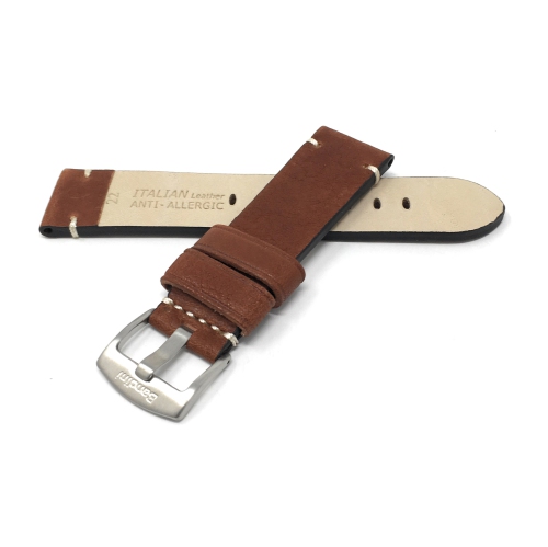 Bandini Bracelet de montre intelligente en cuir vieilli pour homme, couture minimale pour Oneplus Watch - 22mm, Tan foncé / Boucle Argentée