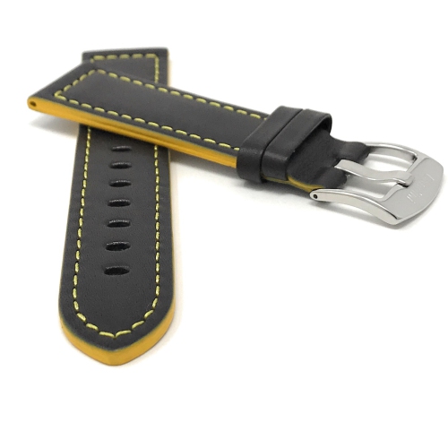 Bandini Bracelet de montre intelligente deux tons en cuir épais pour hommes pour Mobvoi Ticwatch E2, S2, Pro, Pro 3 - 22mm, Noir / Jaune / Boucle