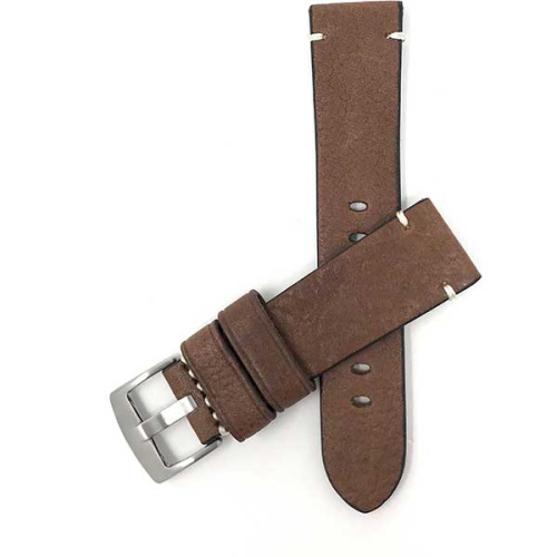 Bandini Mens Distressed Leather Smart Watch Band Strap, Minimal Stitch For Skagen Falster 2 and 3, Jorn - 22mm, Brown / Silver Buckle