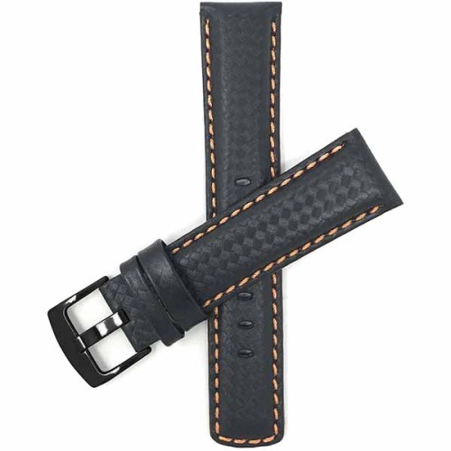 Bandini Mens Leather Carbon Fiber Pattern Smart Watch Band Strap For Moto360 Gen 3 - 22mm, Black / Orange / Black Buckle