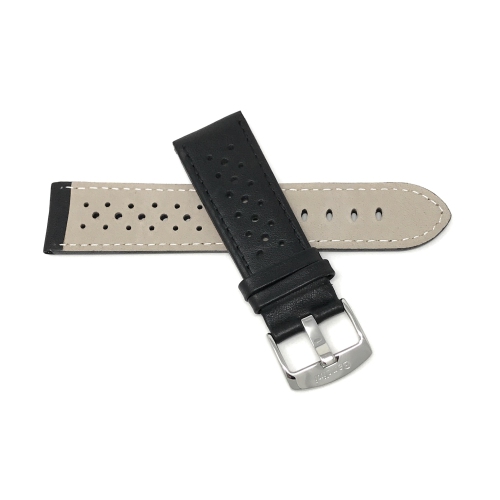 Bandini Mens Perforated Leather Rally Strap Smart Watch Band Strap For Garmin Forerunner, Vivoactive 4 - 22mm, Black / Silver Buckle