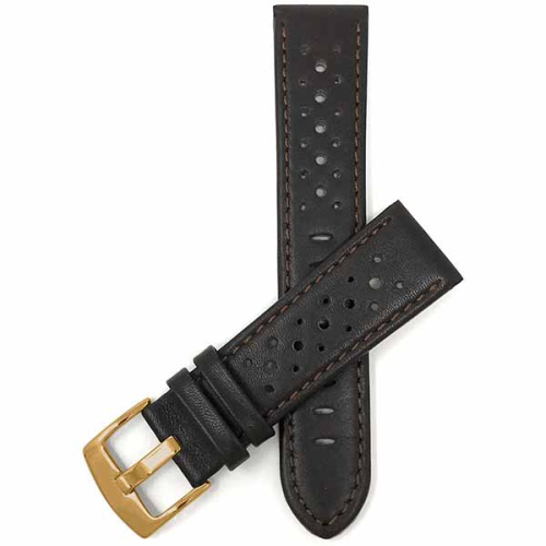 Bandini Mens Perforated Leather Rally Strap Smart Watch Band Strap For Garmin Forerunner, Vivoactive 4 - 22mm, Brown / Gold Buckle
