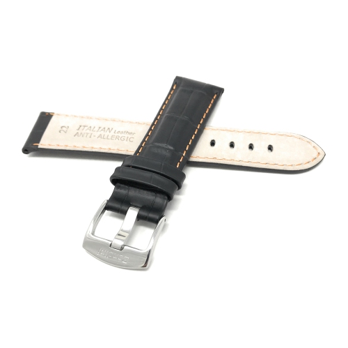 Bandini Mens Leather Alligator Pattern, Stitch Smart Watch Band Strap For Garmin Forerunner, Vivoactive 4 - 22mm, Black / Orange / Silver Buckle