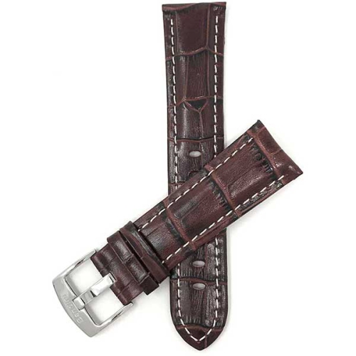 Bandini Mens Leather Alligator Pattern Smart Watch Band Strap, White Stitch For Mobvoi Ticwatch E2, S2, Pro, Pro 3 - 22mm, Brown / Silver Buckle