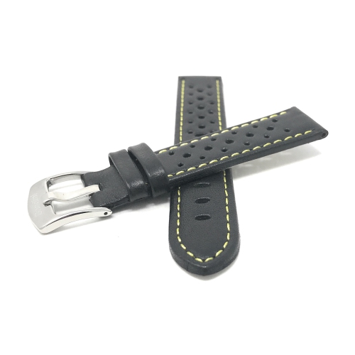 Bandini Bracelet de montre intelligente en cuir perforé pour hommes, style rallye pour Garmin Venu Sq - 20mm, Noir / Jaune / Boucle Argentée