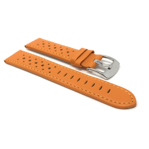 Bandini Mens Perforated Leather Rally Strap Smart Watch Band Strap For Mobvoi Ticwatch E, E3, C2 - 20mm, Orange / Silver Buckle