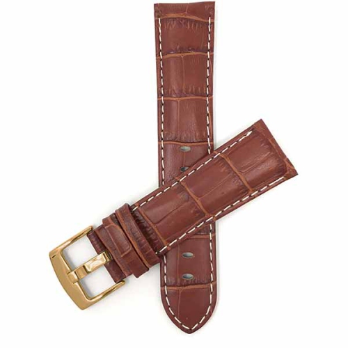 Bandini Mens Leather Alligator Pattern, Stitch Smart Watch Band Strap For Fossil Gen 6, Hybird HR Scarlette, Chartier - 18mm, Dark Tan / Gold Buckle