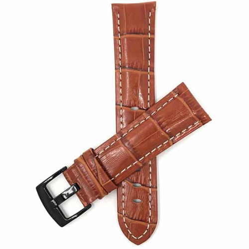 Bandini Mens Leather Alligator Pattern Smart Watch Band Strap, White Stitch For Withings Nokia Scanwatch, Steel HR 36mm, Move ECG - 18mm, Tan / Black