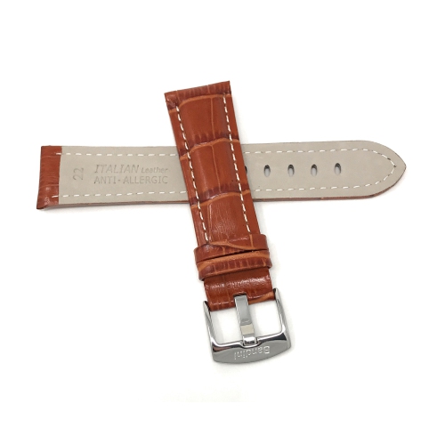Bandini Mens Leather Alligator Pattern Smart Watch Band Strap, White Stitch For Mobvoi Ticwatch E2, S2, Pro, Pro 3 - 22mm, Tan / Silver Buckle