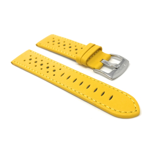 Bandini Mens Perforated Leather Rally Strap Smart Watch Band Strap For Mobvoi Ticwatch E2, S2, Pro, Pro 3 - 22mm, Yellow / Silver Buckle