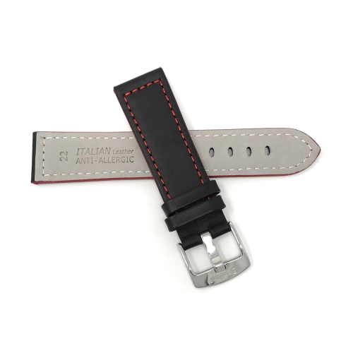 Bandini Mens Thick Two-Tone Leather Racing Smart Watch Band Strap For Moto360 Gen 2 and Gen 3 - 20mm, Black / Red / Silver Buckle