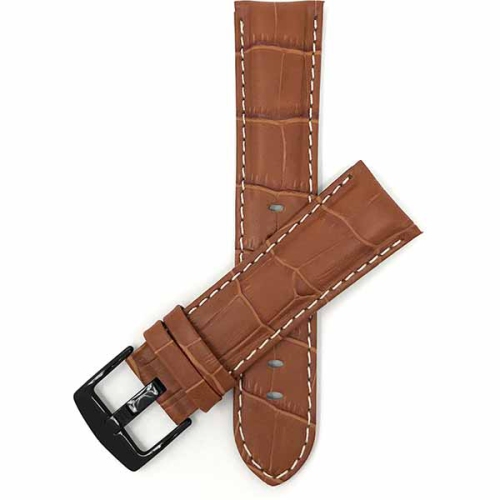 Bandini Mens Leather Alligator Pattern, Stitch Smart Watch Band Strap For Fossil Gen 6, Hybird HR Scarlette, Chartier - 18mm, Tan / Black Buckle