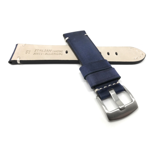 Bandini Mens Distressed Vintage Leather Smart Watch Band Strap For Amazfit GTR 47mm, GTR2, GTR 2e and Stratos - 22mm, Blue / Silver Buckle